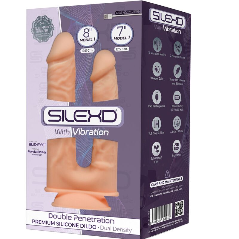 SILEXD - MODEL 1 REALISTISK PENIS DOBBELT PENETRATION VIBRATOR PREMIUM SILEXPAN SILIKONE 17,5 / 19,5 CM