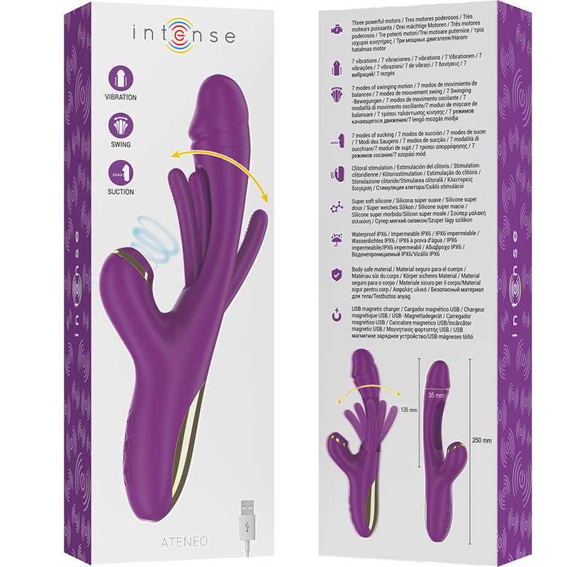 INTENSE - ATENEO GENOPLADELIG MULTIFUNKTIONSVIBRATOR 7 VIBRATIONER MED SWINGENDE BEVÆGELSE OG SUGENDE LILLA