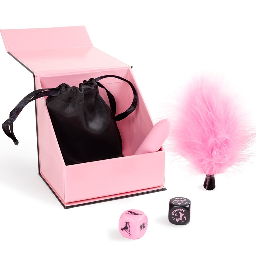 SECRET PLAY - PLEASURES BOX FOR COUPLES: DICE + VIBRATING BULLET + FEATHER PEN
